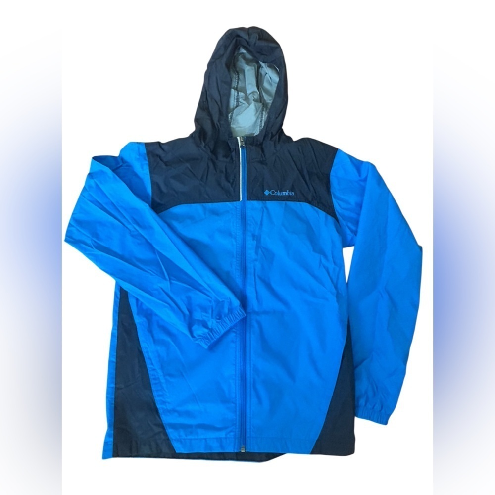 Columbia Blue Hooded Windbreaker Rain Jacket Outdoor Hiking Boys Size L 10–12